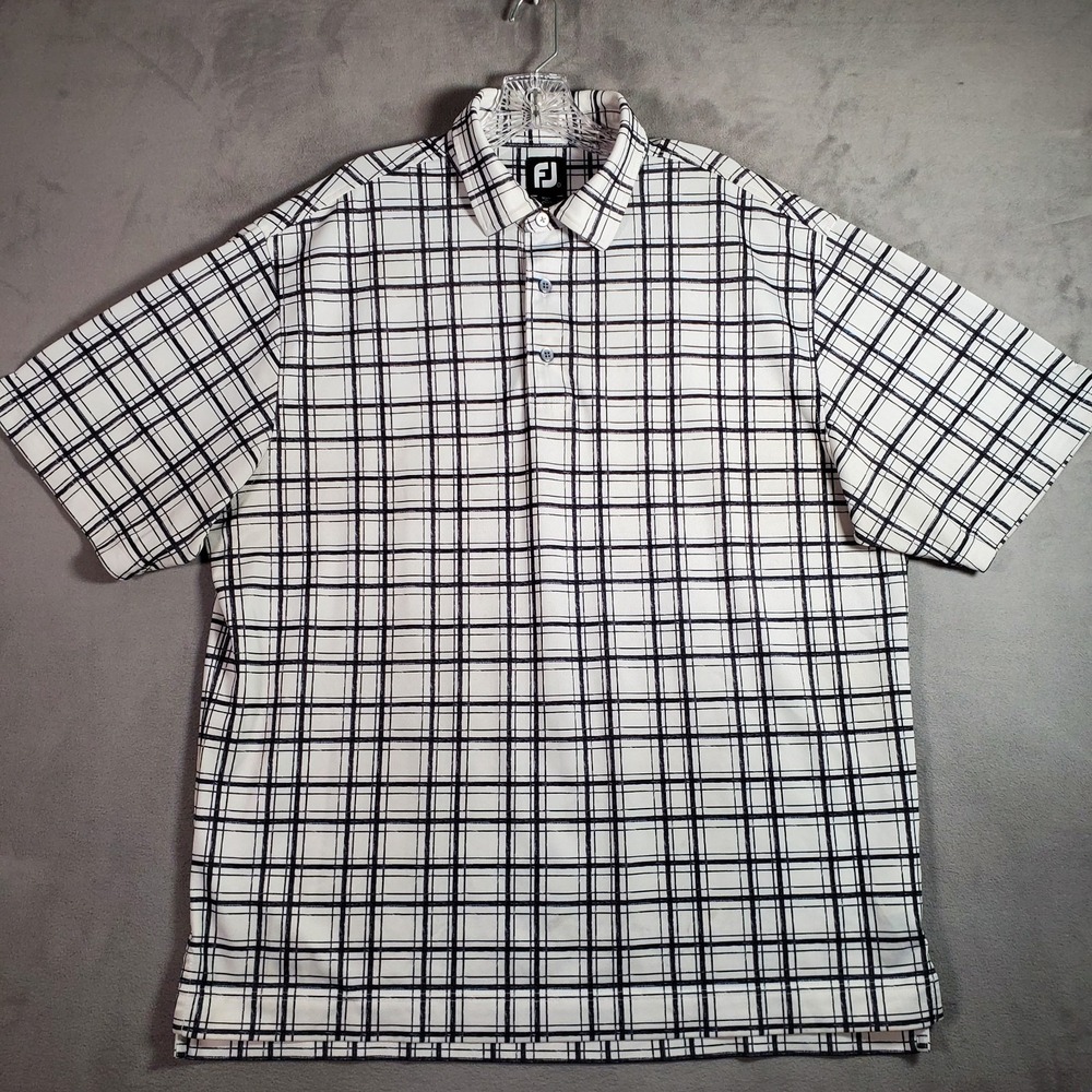 Footjoy FJ Golf Polo Shirt Mens L White Black Windowpane‎ Plaid Stretch Preppy